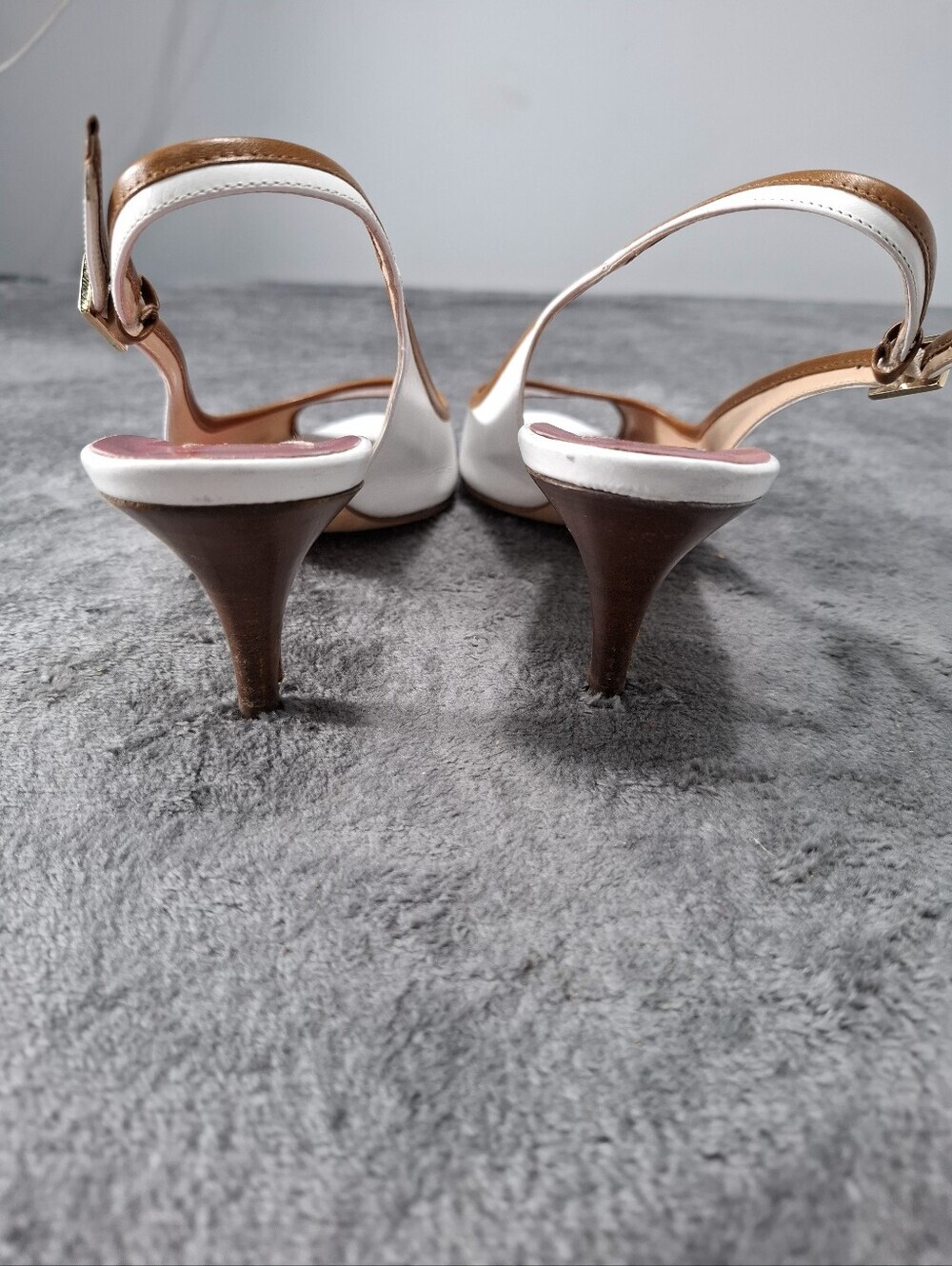 kate spade White Peep-Toe Slingback Heels with Tan Trim and Pink Insole Sz 8.5 - Picture 8 of 14